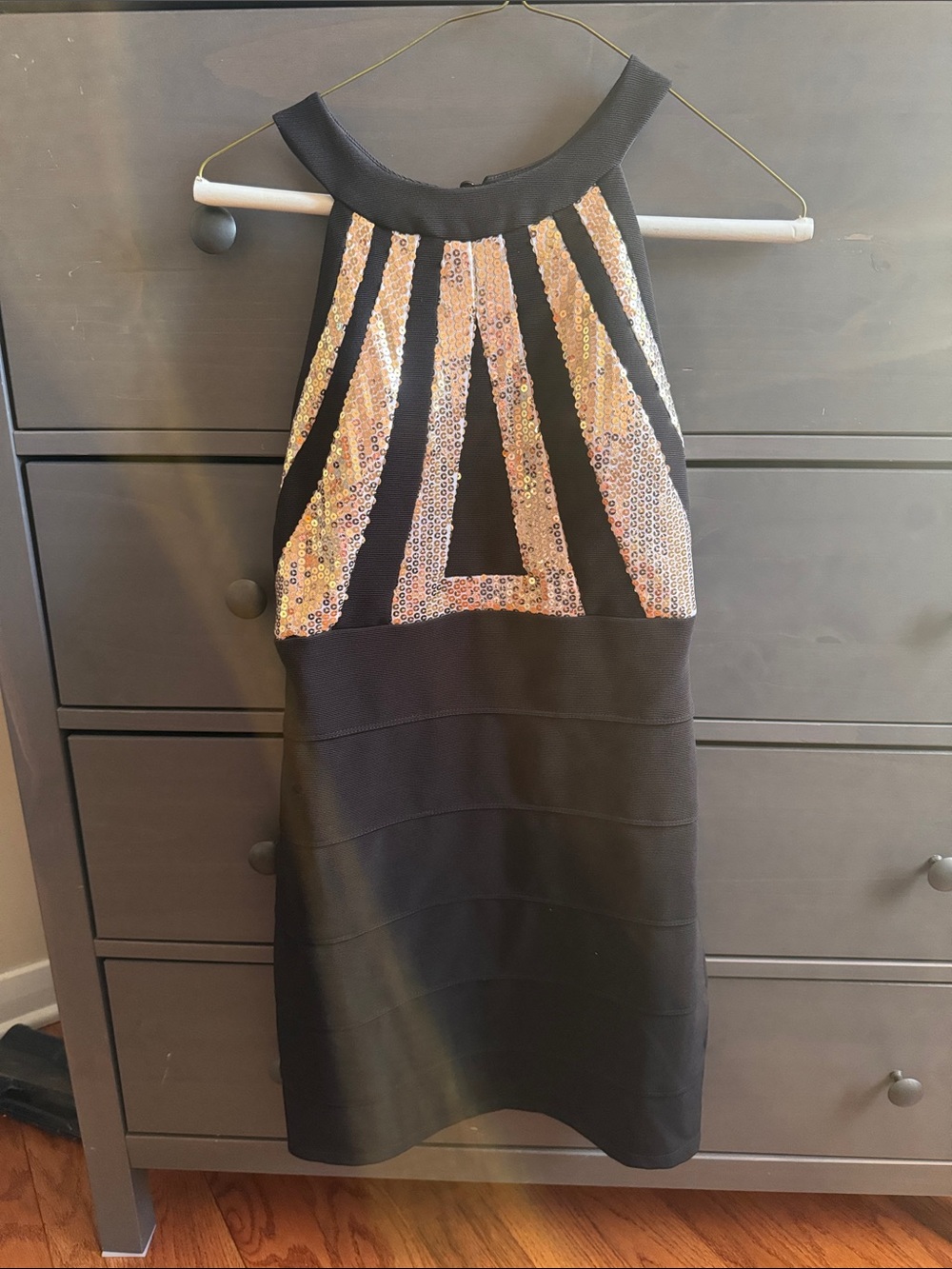 Black Halter Dress with Gold Sequin Detail